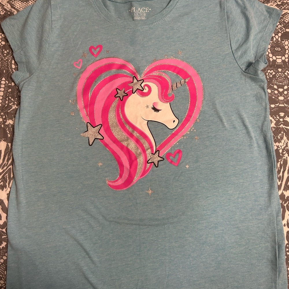 The Children's Place Blue Tee with Pink Unicorn Heart Graphic